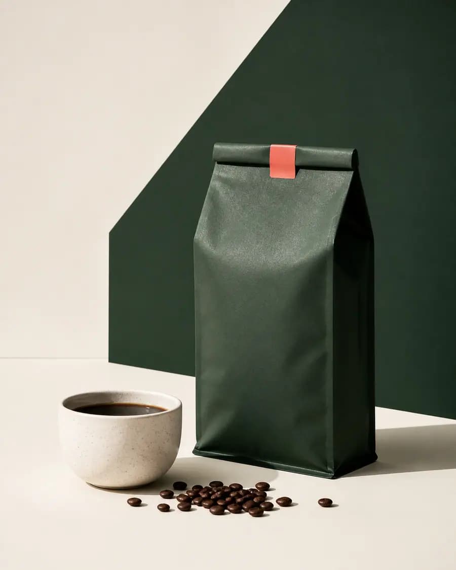 Forest-green coffee bag beside a ceramic cup